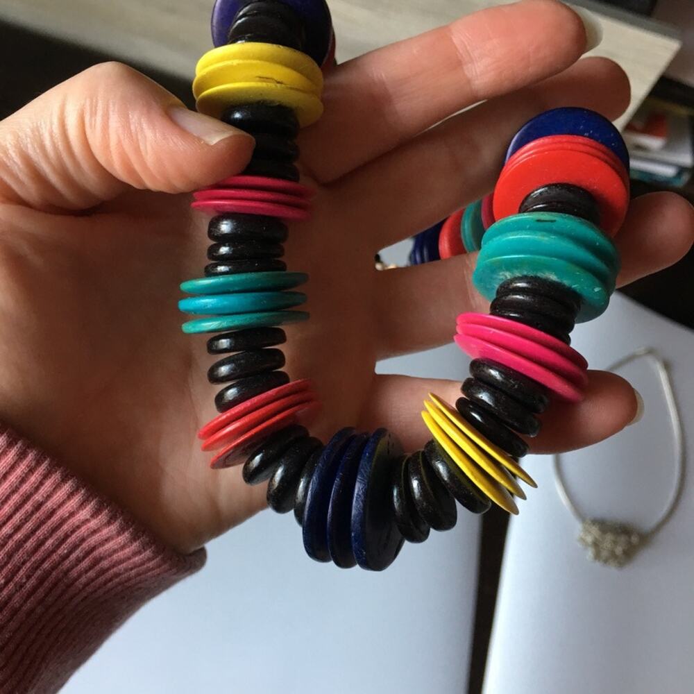 Colorful teal red magenta yellow black wooden bead necklace - Picture 8 of 10